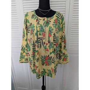 Appleseeds Top Womens XL Citrus Yellow Orange Tunic Pintuck Pleats Artsy Cottage